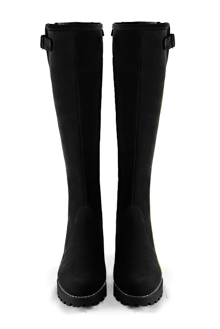 Matt black women's knee-high boots with buckles.. Made to measure. Top view - Florence KOOIJMAN